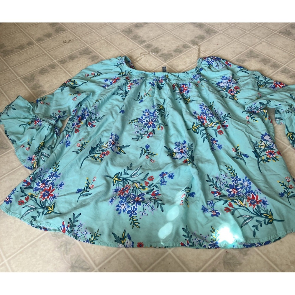 Terra & Sky Blouse Aqua Floral Ruffle Bell Sleeve Smocked Peasant Top loose